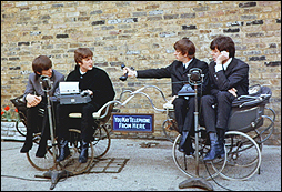 The Beatles using their unique brand of wit and humor in a promotional spot for their upcoming film, A Hard Day's Night.