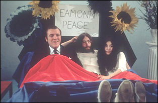 John Lennon and Yoko Ono as they appeared on the Eamonn Andrews show in 1969.