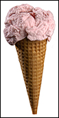 The ice cream cone, pictured here with strawberry ice cream in a delicious sugar cone.