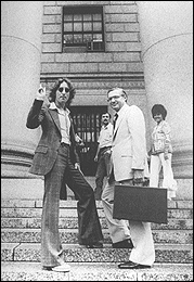 John Lennon and his lawyer enter the court house to deal with Lennon's on-going battle with US Immigration to stay in the US.