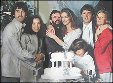 Ringo Starr marries Barbara Bach. Left to right: George and Olivia Harrison, Ringo and Barbara, Paul and Linda McCartney.