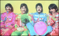 The Beatles relax in their Sgt. Pepper uniforms. Left to right: Ringo Starr, John Lennon, Paul McCartney and George Harrison.