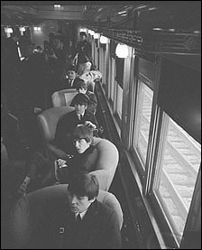 The Beatles on the train to Washington, D.C., during their first US visit, February 1964.
