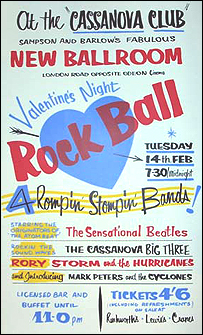 A poster advertising a Valentine's Day Rock Ball at the Cassanova Club in Liverpool.