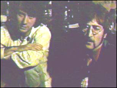 John Lennon with Michael Nesmith during the Monkee's trip to the UK in 1967. The two musicians visited at the Abbey Road Studios and Lennon invited Nesmith out to his home in Kenwood.