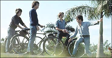 The Beatles ride bicycles in the Bahamas during the filming of their second feature film, Help! Left to right: George Harrison, John Lennon, Ringo Starr and Paul McCartney.