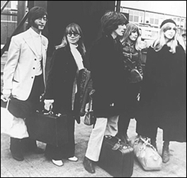 The Beatles begin their journey to India to study meditation with Maharishi Mahesh Yogi. Left to right, John and Cynthia Lennon, George Harrison, Jenny Boyd, and Pattie Harrison.