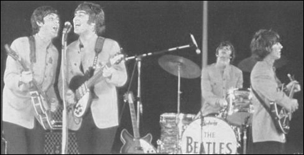 The Beatles in their historic concert at Shea Stadium August 1965.