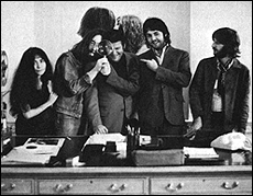 An Apple board meeting in 1969. Left to right: Yoko Ono, John Lennon, Allen Klein, Paul McCartney, and Ringo Starr.