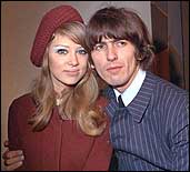 George Harrison and his wife, Pattie Boyd. Pattie was a high-fashion model in London. She and George met on the set of A Hard Day's Night when Pattie played a schoolgirl fan of the MopTops.