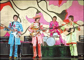 The Beatles performing Hello Goodbye on film for worldwide release. Left to right: Paul McCartney, George Harrison, Ringo Starr and John Lennon.