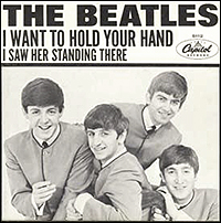 The American picture sleeve for the Beatles' single I Want To Hold Your Hand. Pictured left to right: Paul McCartney, Ringo Starr, George Harrison and John Lennon.