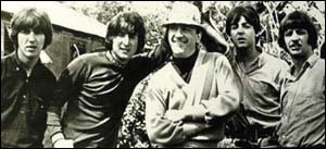 The Beatles with Murry the K (center) while on location in the Bahamas to film Help!