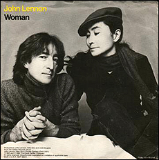 Picture sleeve for John Lennon's single, Woman. Lennon is pictured with his wife, Yoko Ono, from a November 1980 photo session.