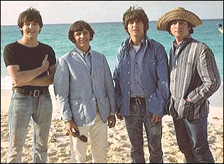 The Beatles on the beach in the Bahamas for their second feature film, Help!