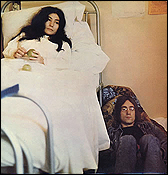 John Lennon and Yoko Ono's Life With The Lions LP. Perhaps one of the reasons the album didn't sell exceedingly well was the LP cover: a depressing photo of John sitting on the floor next to Yoko's hospital bed (she had just suffered a miscarriage).