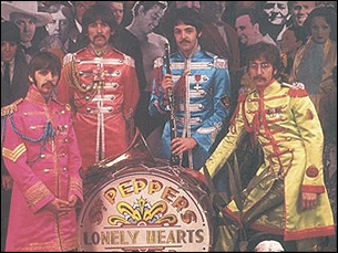 The Beatles wearing their Sgt. Pepper uniforms during the photo session for the cover of the Sgt. Pepper's Lonely Hearts Club Band album. Left to right: Ringo Starr, George Harrison, Paul McCartney and John Lennon.
