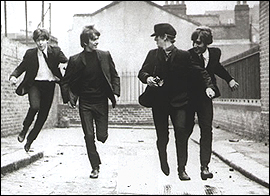 The Beatles in the Keystone Cops scene from A Hard Day's Night. From left to right: Paul McCartney, George Harrison, Ringo Starr and John Lennon.