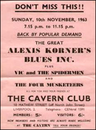 Poster for an appearance of Alexis Korner's Blues Inc. at the Cavern Club in Liverpool, England.