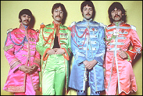 The Beatles pose in their Sgt. Pepper uniforms, circa 1967.