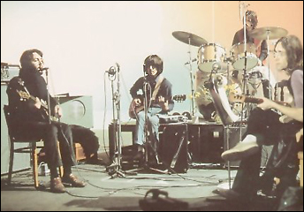 The Beatles recording Let It Be: From left to right: Paul McCartney, George Harrison, Ringo Starr and John Lennon.