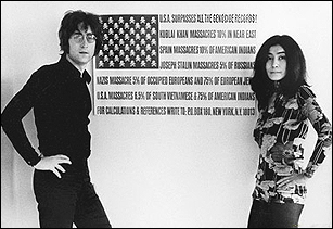 John Lennon and Yoko Ono pose in front of a anti-nuclear poster designed to look like an American flag.