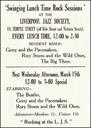 A handbill for The Liverpool Jazz Society starring The Beatles. Other acts on the bill are: Gerry and the Pacemakers, Rory Storm and the Wild Ones, and The Big Three.
