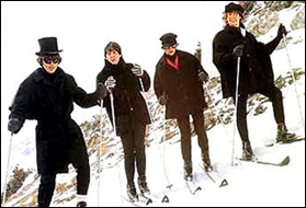 The Beatles in a scene from their second film, Help! The boys are on skis for the filming in the Alps.